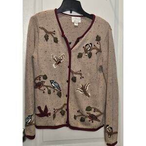90s Women Small Hand Knit Birds Floral Nature Cardigan Sweater Cardigan Aviary